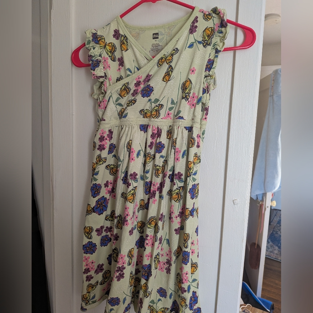 Tea Collection Light Green Butterfly & Floral Wrap Dress